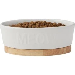 Frisco Oval Meow Non-skid Ceramic Cat Bowl With Wood Base -Cat Toy Shop 256080 PT3. AC SS1800 V1615312053